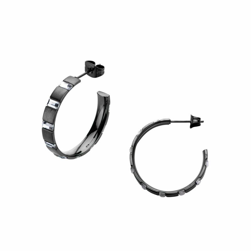 Black Ion-plated Steel Hoops with Baguette Czs - Click Image to Close
